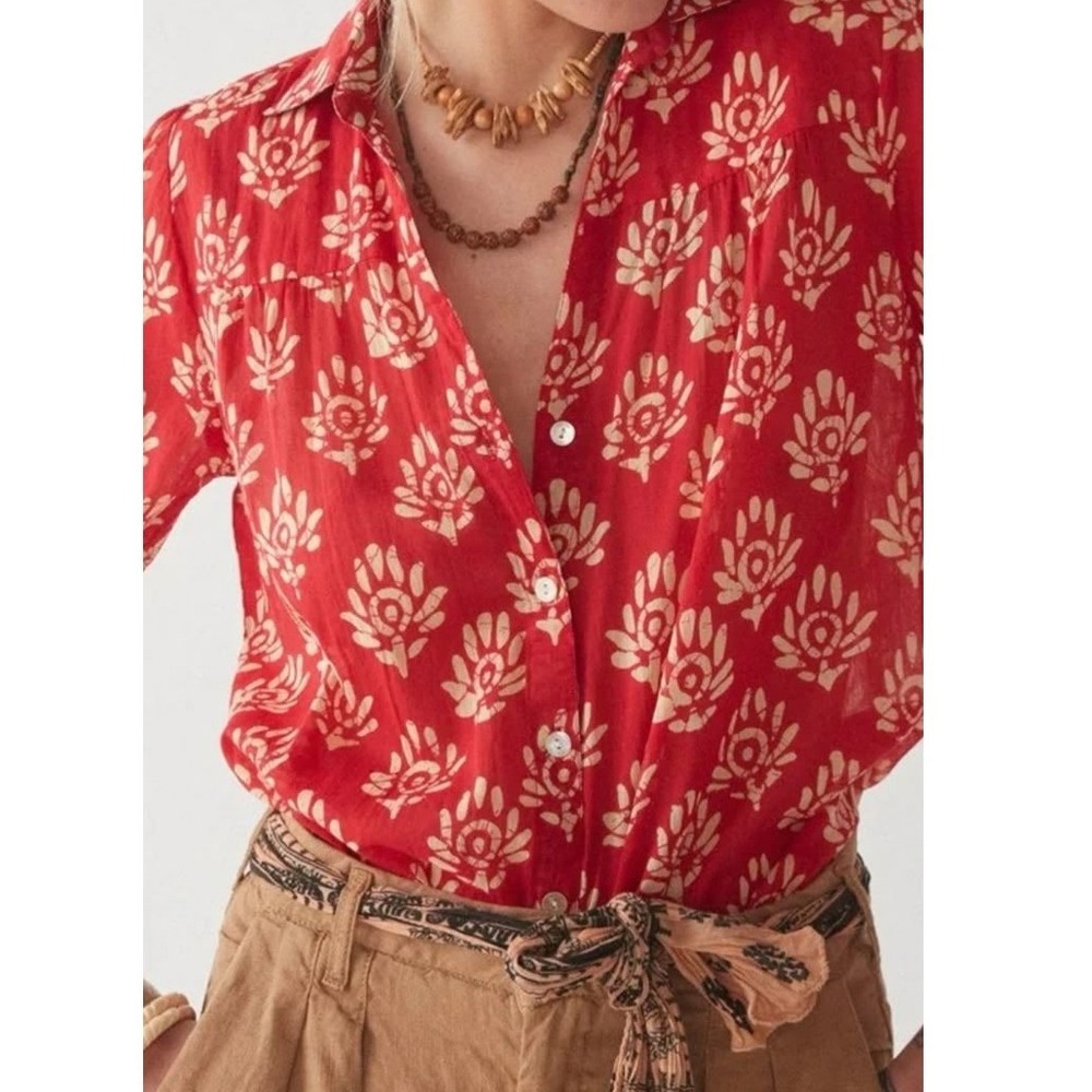 Maison Hotel Pink Block Print Button Down Shirt XS Women Long Sleeve Viscose